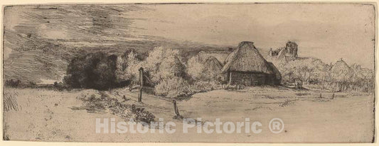 Art Print : Rembrandt, Landscape with Trees, Farm Buildings and a Tower, c. 1651 - Vintage Wall Art