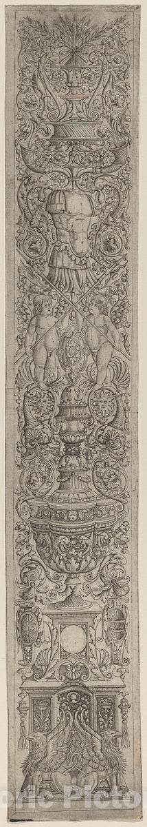 Art Print : Pietro Birago and Zoan Andrea, Ornament Panel: Griffins and Two Cupids Crossing Halberds, c.1510 - Vintage Wall Art