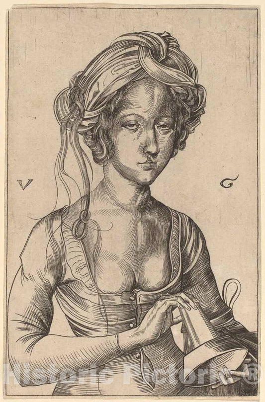 Art Print : Urs GRAF I After Schongauer, A Bust Figure of a Foolish Virgin Holding Her Inverted Lamp - Vintage Wall Art