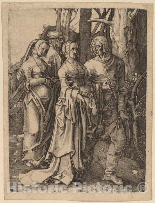 Art Print : Wierix After Leyden, The Two Couples in The Forest - Vintage Wall Art