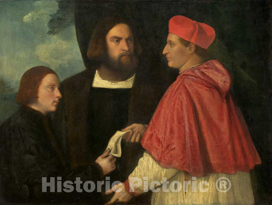 Art Print : Titian and Workshop, Girolamo and Cardinal Marco Corner Investing Marco, Abbot of Carrara, with His Benefice, c. 1520 - Vintage Wall Art