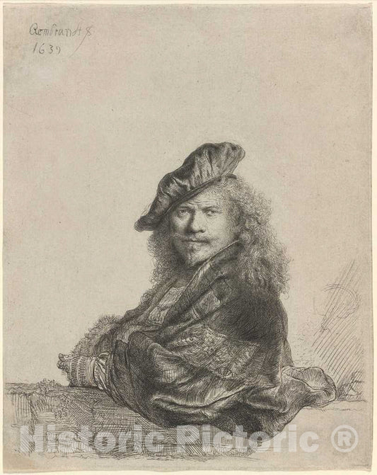 Art Print : Rembrandt, Self-Portrait Leaning on a Stone Sill, 1639 - Vintage Wall Art