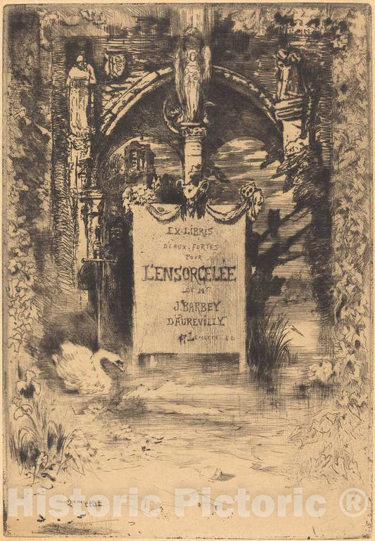 Art Print : FÃ©lix-Hilaire Buhot, Ex-Libris Pour L'EnsorcelÃ©e (Bookplate for L'EnsorcelÃ©e), c.1884 - Vintage Wall Art