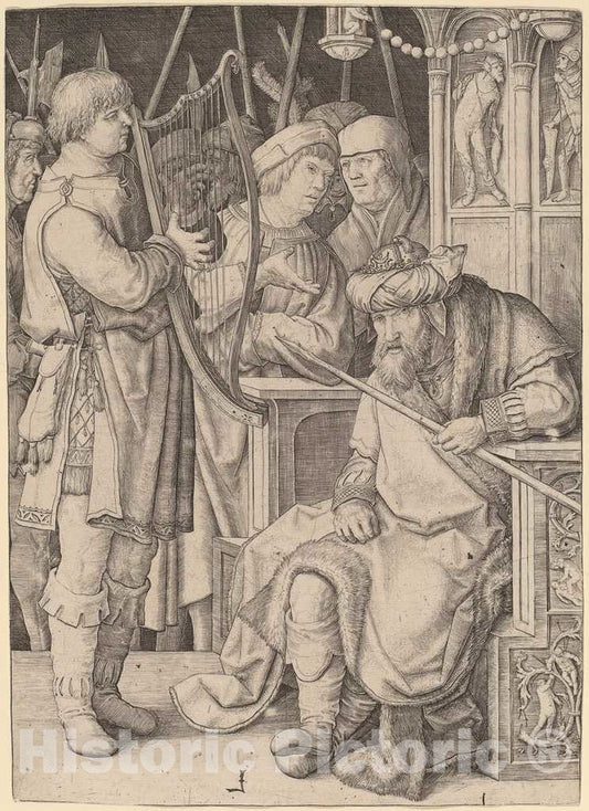 Art Print : Lucas Van Leyden, David Playing The Harp Before Saul, c. 1508 - Vintage Wall Art