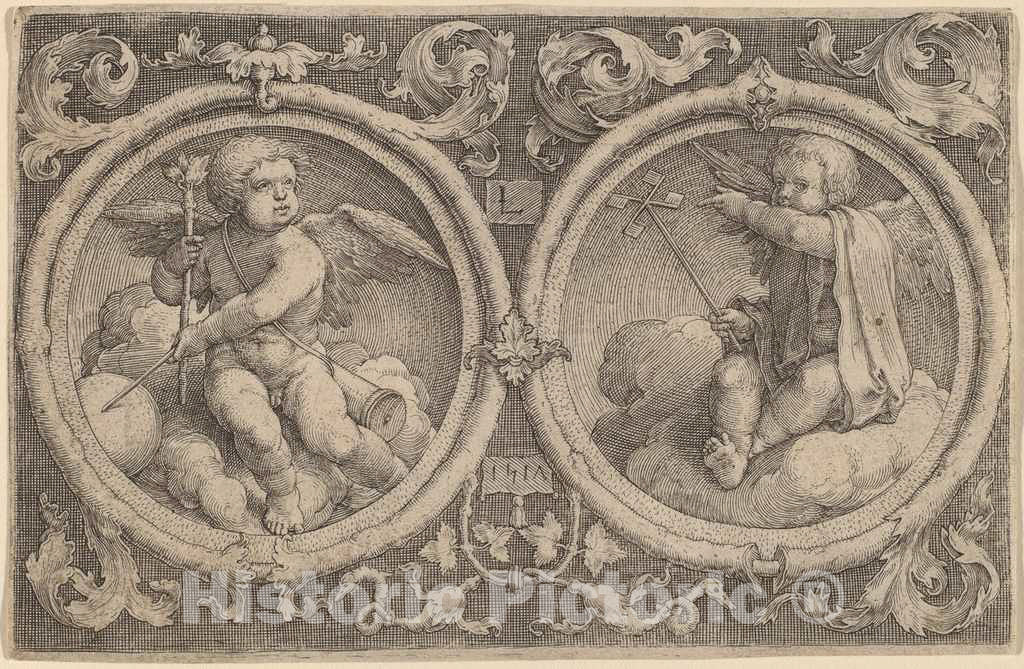 Art Print : Lucas Van Leyden, Two Cupids Seated on Clouds in Two Circles, 1517 - Vintage Wall Art