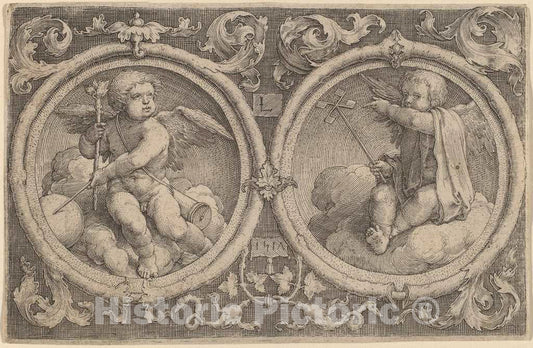 Art Print : Lucas Van Leyden, Two Cupids Seated on Clouds in Two Circles, 1517 - Vintage Wall Art