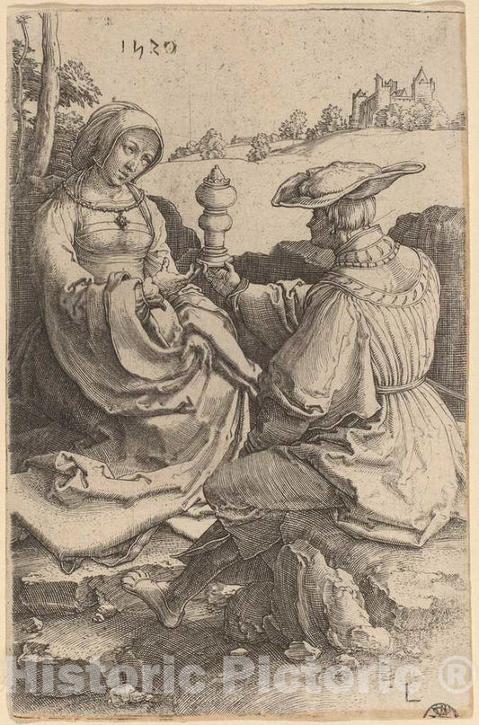 Art Print : Lucas Van Leyden, A Nobleman and a Lady Seated in a Landscape, 1520 - Vintage Wall Art