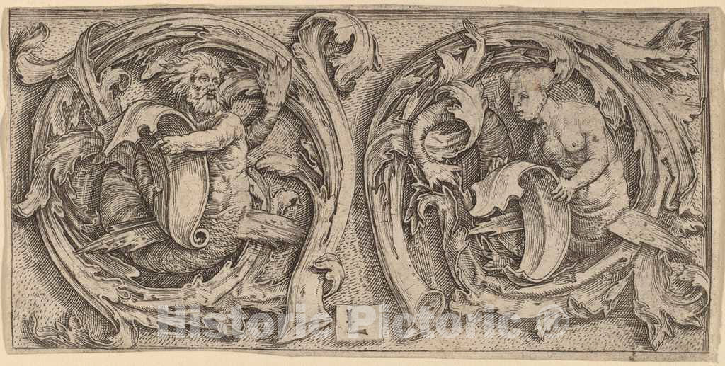 Art Print : Lucas Van Leyden, Triton and Siren in Tendrils, c. 1510 - Vintage Wall Art