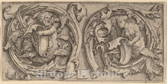 Art Print : Lucas Van Leyden, Triton and Siren in Tendrils, c. 1510 - Vintage Wall Art