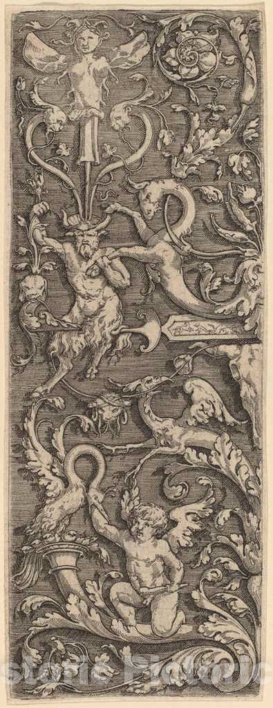 Art Print : Ornament with a Cupid, a Satyr, and Grotesque Figures - Vintage Wall Art