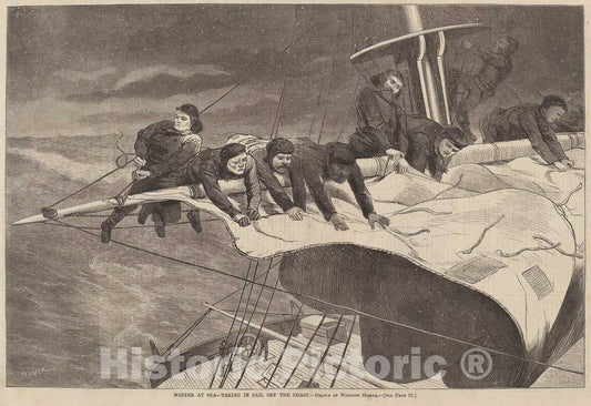 Art Print : Homer, Winter at Sea - Taking in Sail Off The Coast, 1869 - Vintage Wall Art