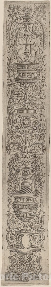Art Print : Pietro Birago and Zoan Andrea, Ornament Panel: Two Sphinxes and Two Children Holding Palms, c.1510 - Vintage Wall Art