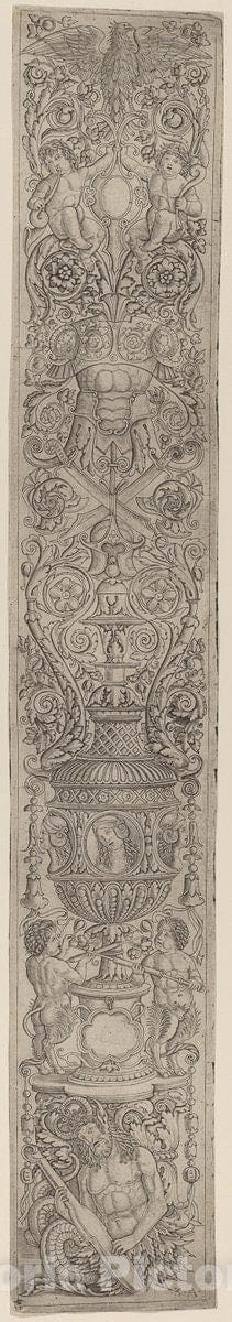 Art Print : Pietro Birago and Zoan Andrea, Ornament Panel: Triton and Two Infant Satyrs, c.1510 - Vintage Wall Art