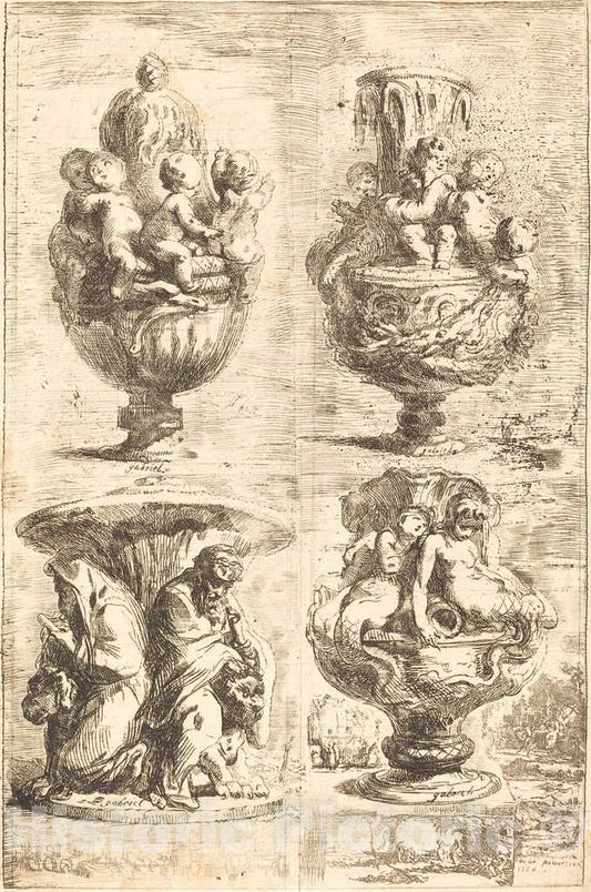 Art Print : Gabriel Jacques de Saint-Aubin, Four Vases (Les quatres vases), 1754 - Vintage Wall Art