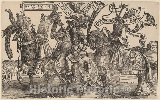 Art Print : Lucas Van Leyden, Arthur, Charles The Great (Charlemagne), Godfry of Bouillon, c.1516 - Vintage Wall Art