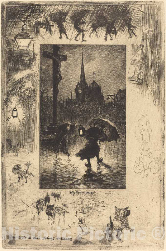 Art Print : FÃ©lix-Hilaire Buhot, Le Bruit de Deux Sabots traÃ®nant. (The Sound of Two Clogs Shuffling.), 1878 - Vintage Wall Art