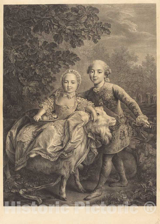 Art Print : Beauvarlet After Drouais, Le Comte d'Artois as an Enfant with Mlle. Clotide, 1767 - Vintage Wall Art