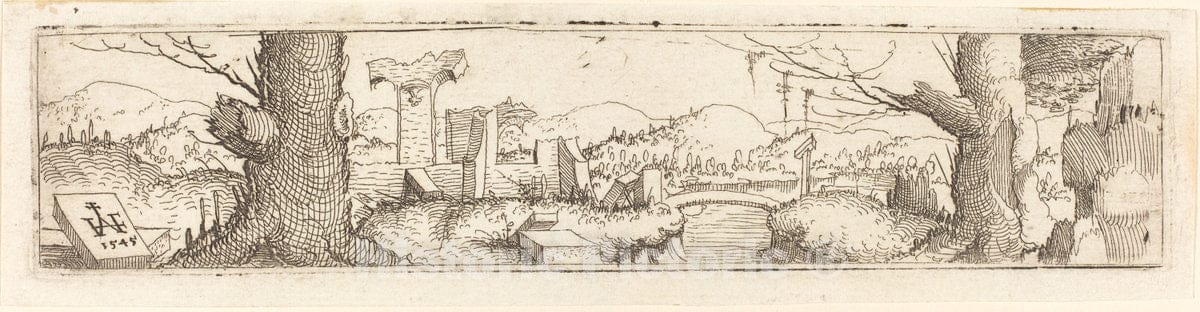 Art Print : Augustin Hirschvogel, Landscape with a Brook and Ruins, 1545 - Vintage Wall Art