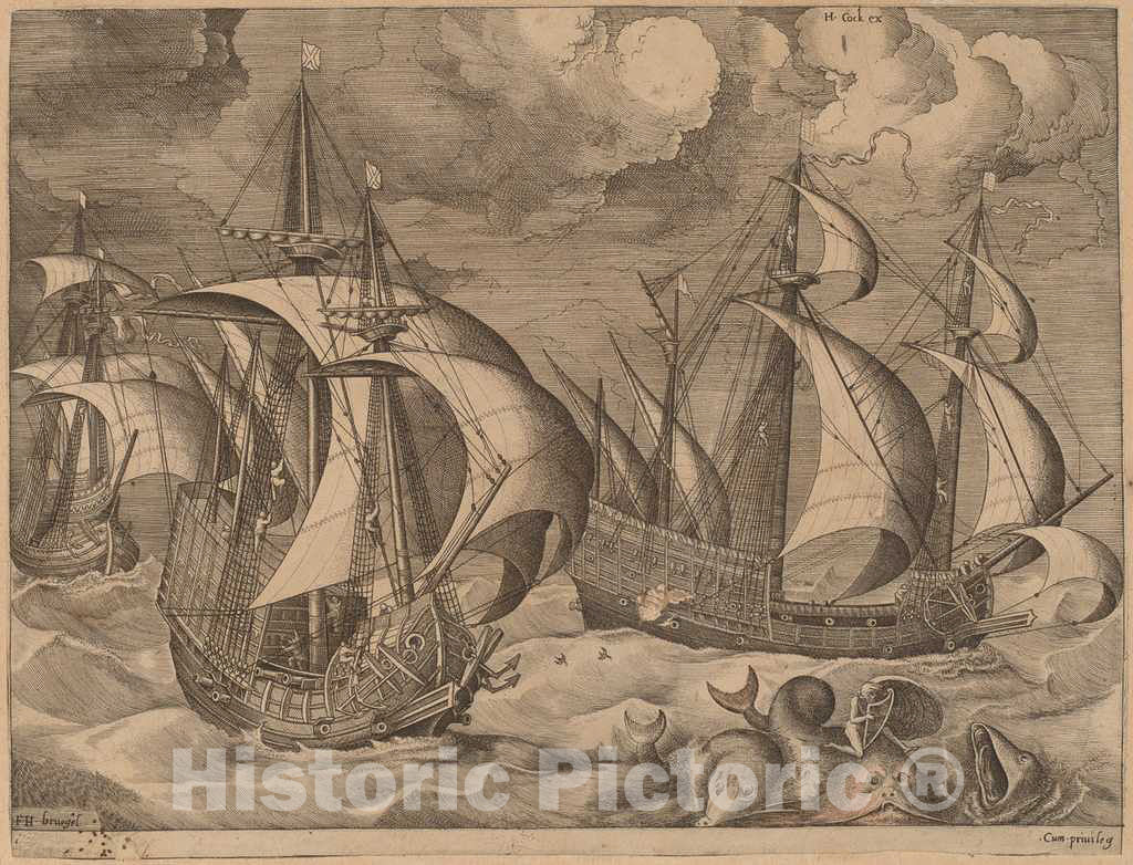 Art Print : Frans Huys After Bruegel The Elder, Three Caravels in a Rising Squall with Adrion on a Dolphin, 1565 - Vintage Wall Art
