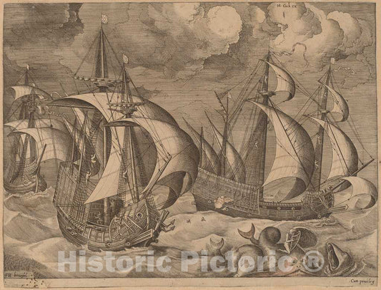 Art Print : Frans Huys After Bruegel The Elder, Three Caravels in a Rising Squall with Adrion on a Dolphin, 1565 - Vintage Wall Art