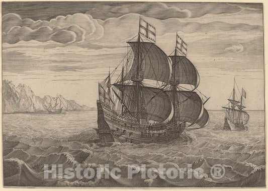 Art Print : Bruegel The Elder, Ship in Full Sail with Two Flags - Vintage Wall Art