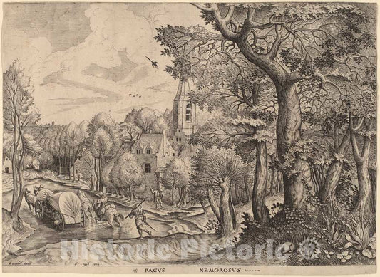 Art Print : Doetechum After Brugel The Elder, Pagus Nemorosus (Wooded Village), c.1556 - Vintage Wall Art