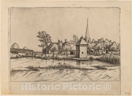 Art Print : Doetechum, Country Village with Church and Bridge, c.1560 - Vintage Wall Art