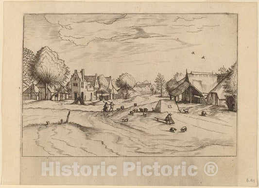 Art Print : Doetechum, Country Village with Sheep and Sitting Shepherd, c.1560 - Vintage Wall Art