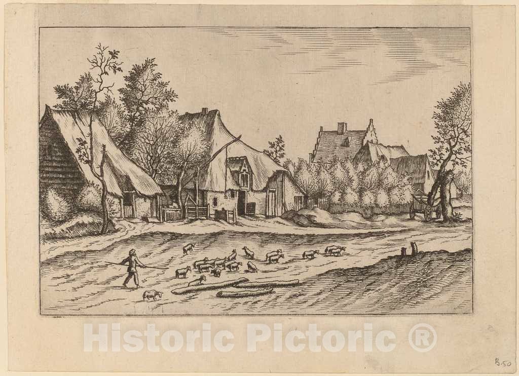 Art Print : Doetechum, Farms in a Village, 1561 - Vintage Wall Art