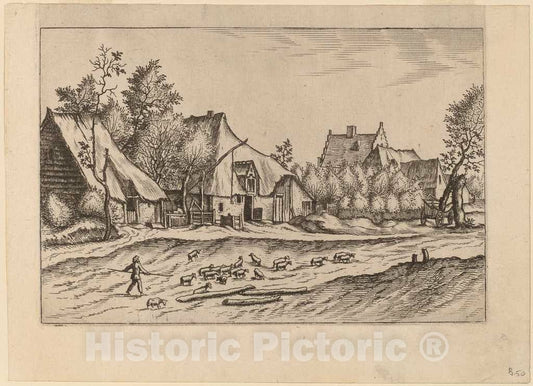 Art Print : Doetechum, Farms in a Village, 1561 - Vintage Wall Art