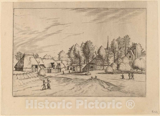 Art Print : Doetechum, Country Village with Church Tower, c.1560 - Vintage Wall Art