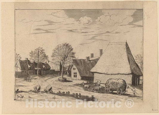 Art Print : Doetechum, Village Street with Hay Cart, c.1560 - Vintage Wall Art