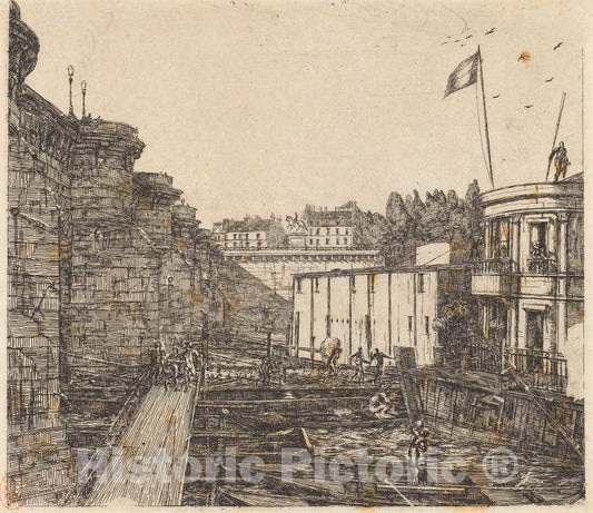 Art Print : Charles Meryon, Bain-Froid chevrier, dit de l'Ã‰cole (Chevrier's Cold-Bath Establishment, Sometimes Called The School-Baths), 1864 - Vintage Wall Art