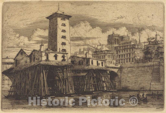 Art Print : Charles Meryon, La Pompe Notre-Dame, Paris (The Notre-Dame Pump), 1852 - Vintage Wall Art
