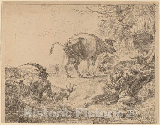 Art Print : Nicolaes Pietersz Berchem, Cow Pissing - Vintage Wall Art
