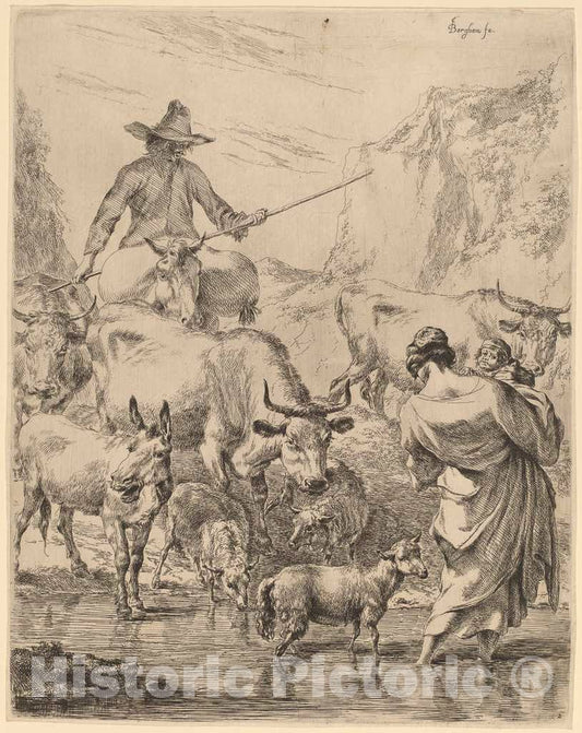 Art Print : Nicolaes Pietersz Berchem, Herd Crossing The Brook - Vintage Wall Art