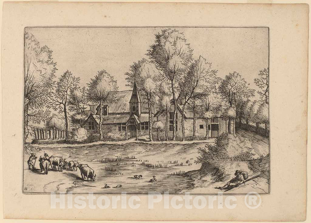 Art Print : Doetechum, Country Village with Church, in or Before 1676 - Vintage Wall Art