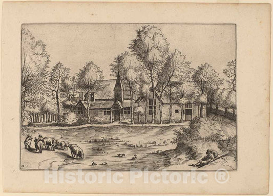 Art Print : Doetechum, Country Village with Church, in or Before 1676 - Vintage Wall Art