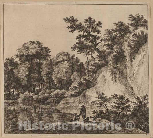 Art Print : Jan Hackaert, Landscape with River and Rock - Vintage Wall Art