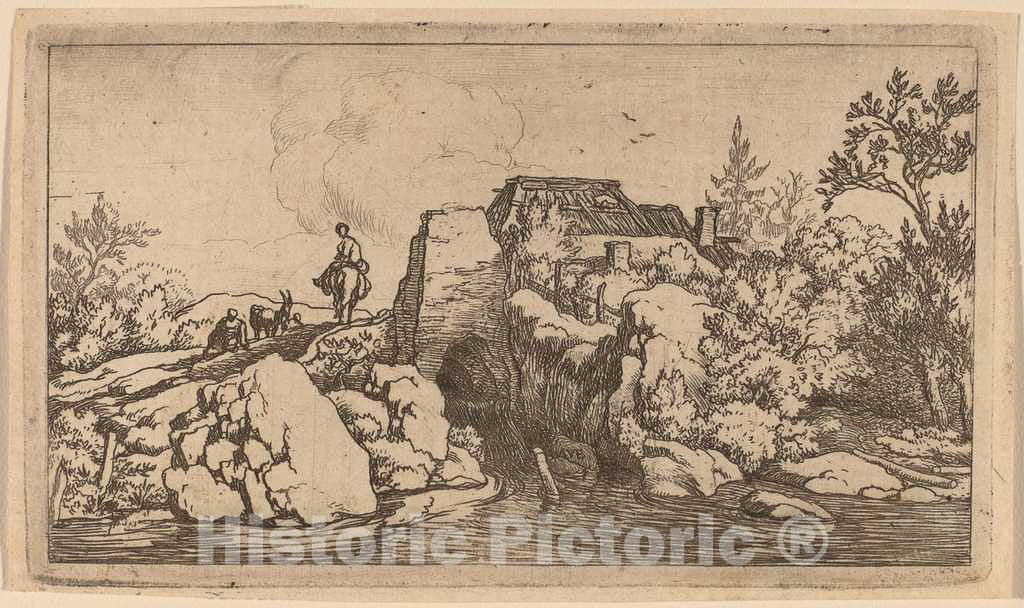 Art Print : Allart Van Everdingen, Horseman on a Stone Bridge, c.1651 - Vintage Wall Art