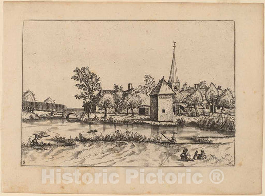 Art Print : Doetechum, Country Village with Church and Bridge, in or Before 1676 - Vintage Wall Art