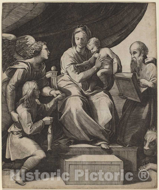 Art Print : Dente After Raphael, The Virgin with a Fish - Vintage Wall Art