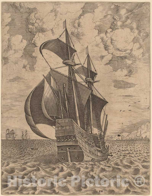Art Print : Frans Huys After Bruegel The Elder, Armed Four-Master Sailing Towards a Port, 1565 - Vintage Wall Art