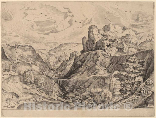 Art Print : Doetechum After Brugel The Elder, Alpine Landscape, c.1556 - Vintage Wall Art