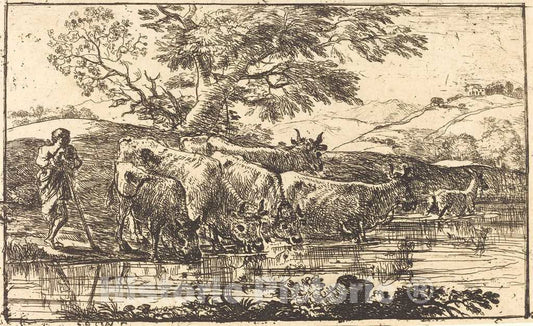 Art Print : Claude Lorrain, The Herd at The Watering Place (Le troupeau Ã  l'abreuvoir), 1635 - Vintage Wall Art