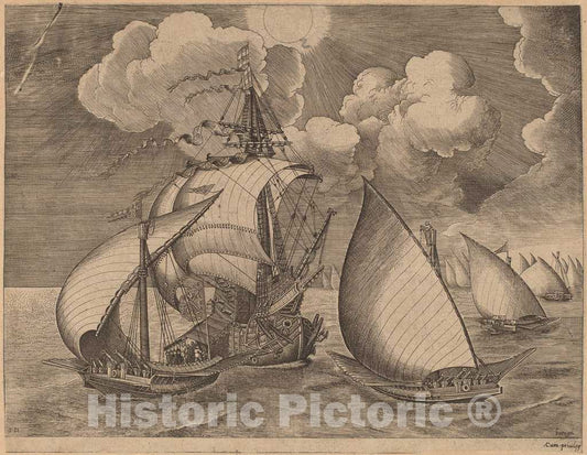 Art Print : Frans Huys After Bruegel The Elder, A Fleet of Galleys Escorted by a Caravel, 1565 - Vintage Wall Art