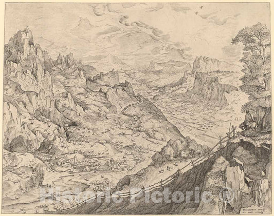 Art Print : Doetechum After Brugel The Elder, Large Alpine Landscape, c.1556 - Vintage Wall Art