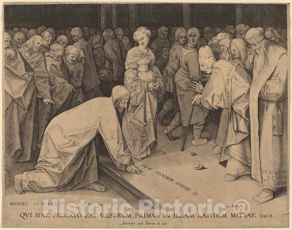 Art Print : Perret After Bruegel The Elder, Christ and The Adultress, 1579 - Vintage Wall Art