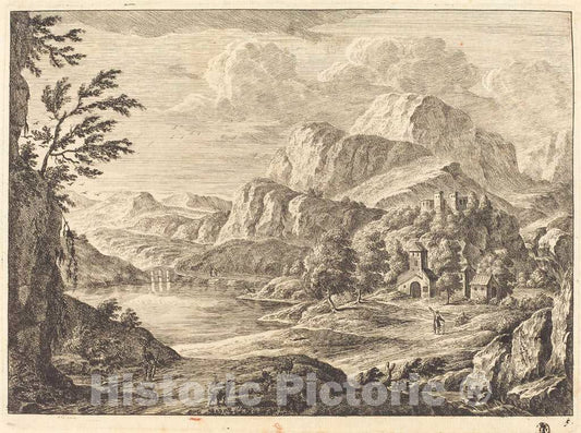 Art Print : Georg Eisenmann, Mountainous Landscape with a Ruined Castle and an Arched Bridge in The Distance - Vintage Wall Art