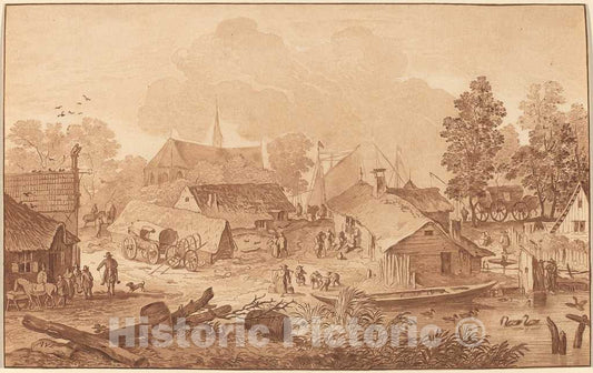 Art Print : Amstel and Brouwer After Everdingen, Village with Pond, c. 1782 - Vintage Wall Art